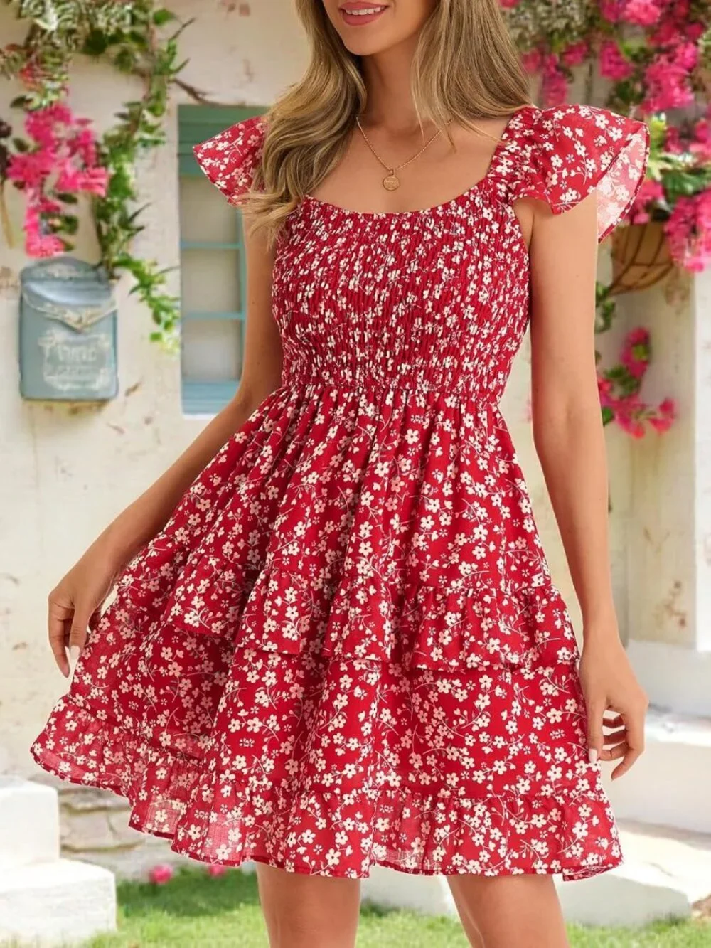 Women's Summer Dress Boho Casual Red-1 Smocked Ruffle Sun Beach Mini Swing Dress